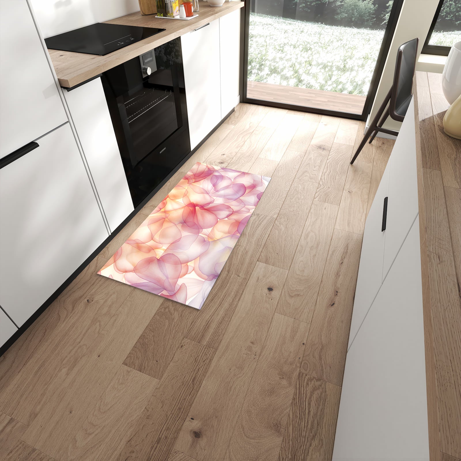 Abriebfester waschbarer Teppich fürs Esszimmer mit Motiv Zarte Blütenblätter in moderner Küche #grösse_60 x 120 cm