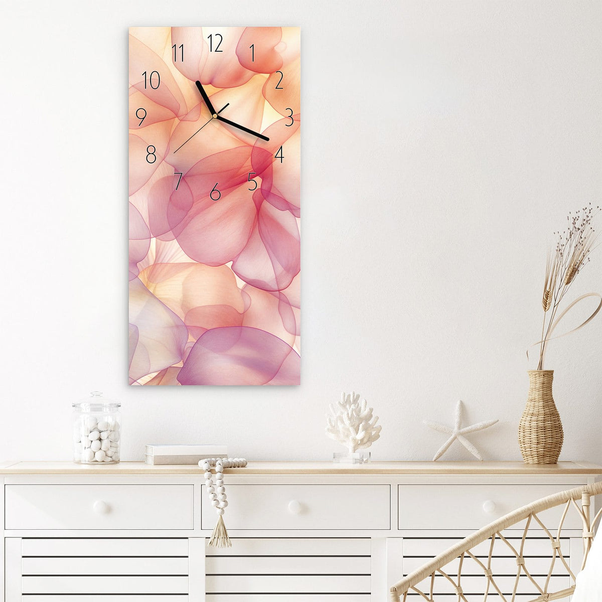 Wanduhr Zarte Blütenblätter aus Glas – Hochformat 30 × 60 cm – Fließende Formen in Rosa
