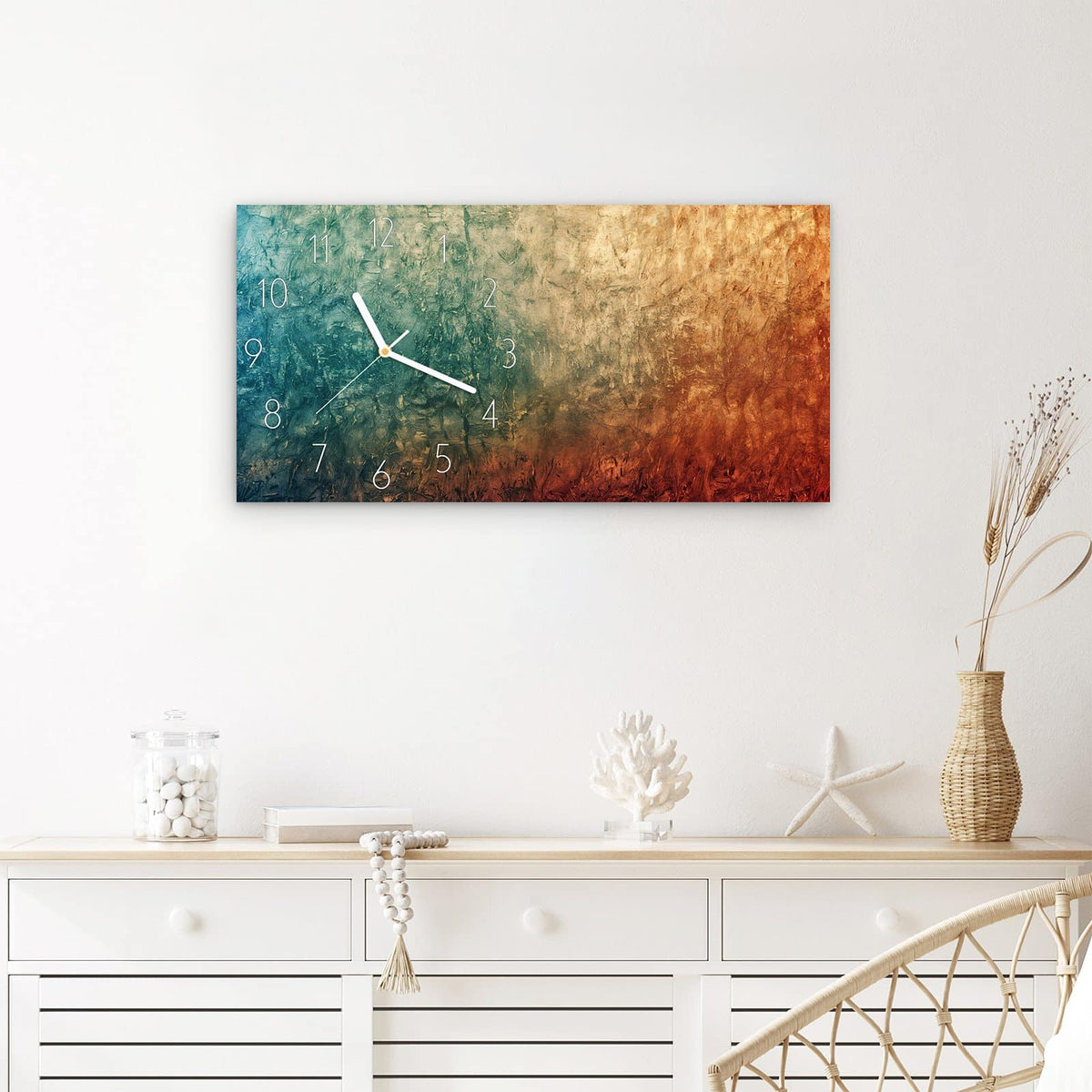 Wanduhr Strukturierte Farbe aus Glas – Querformat 60 × 30 cm – Pastose Farbe in Blau und Rot