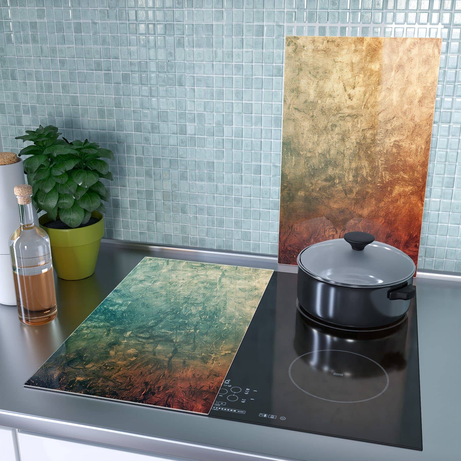 2-teilige Herdabdeckplatte mit Strukturierte Farbe-Motiv als Spritzschutz hinter dem Kochfeld