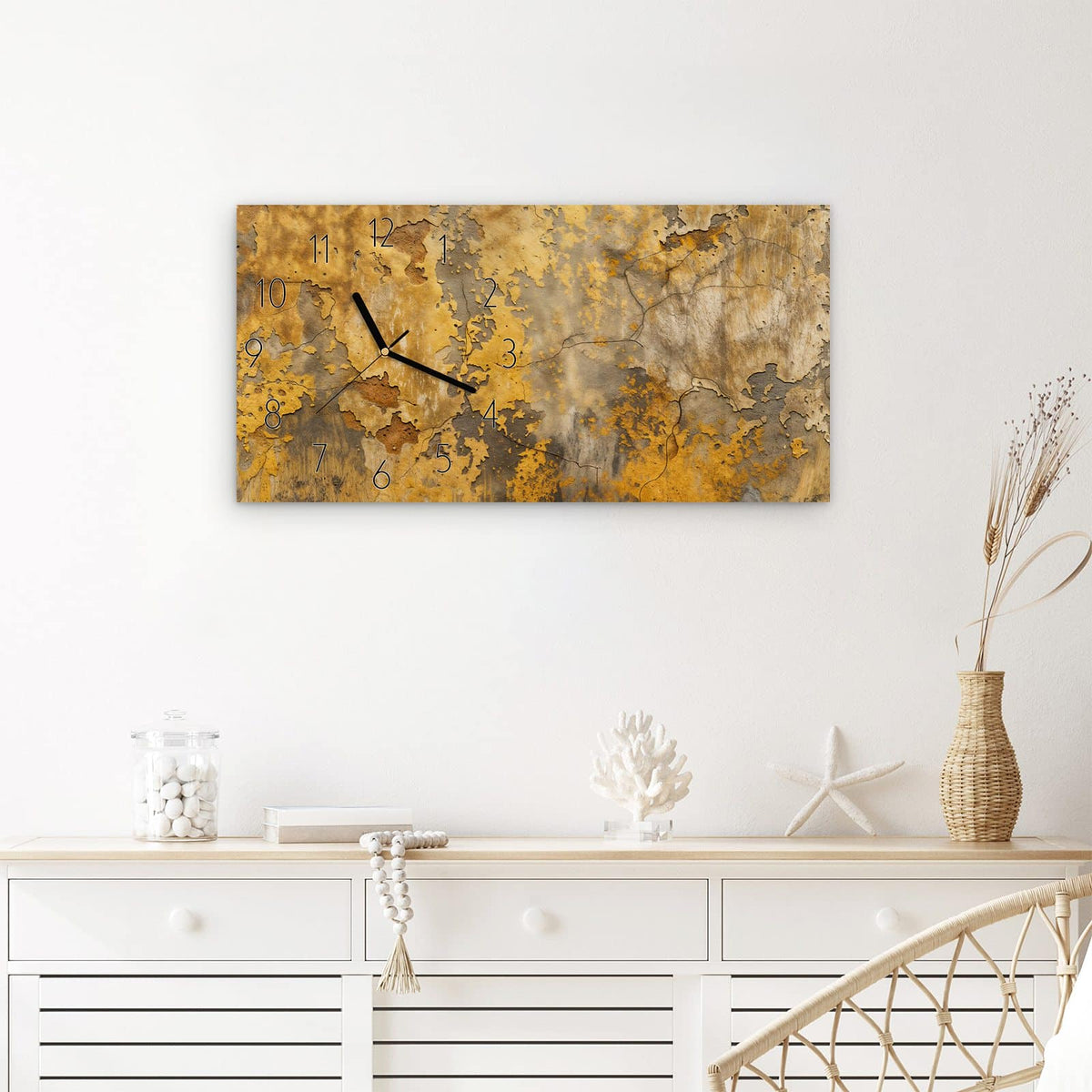 Wanduhr Verwitterte Backsteinwand aus Glas – Querformat 60 × 30 cm – Gelbe Patina mit abblätternder Farbe