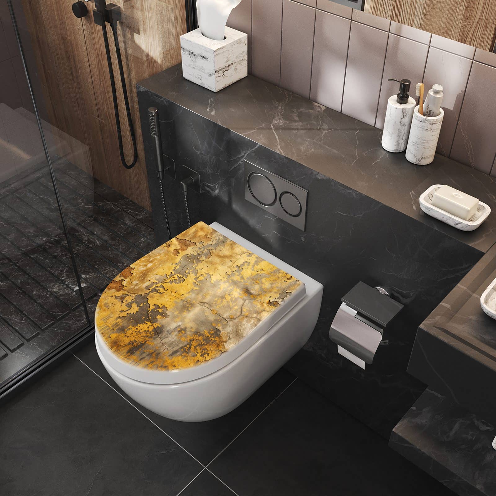 WC-Sitz mit Absenkautomatik Wand von Verwitterte