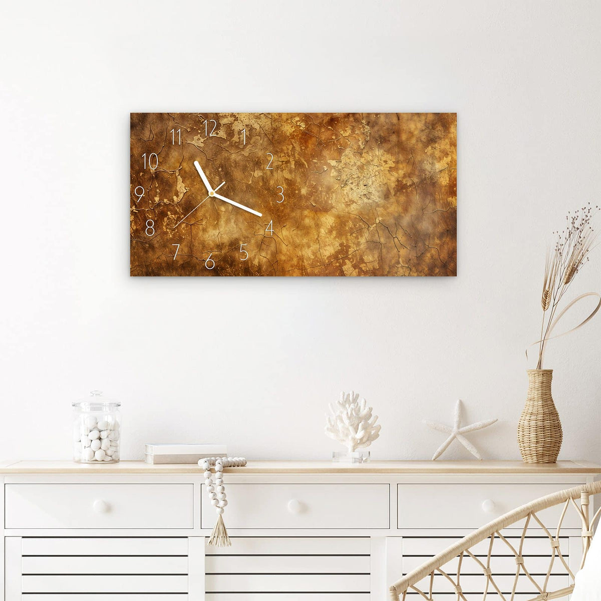 Wanduhr Verwitterter Putz aus Glas – Querformat 60 × 30 cm – Rissige Oberfläche in Erdtönen
