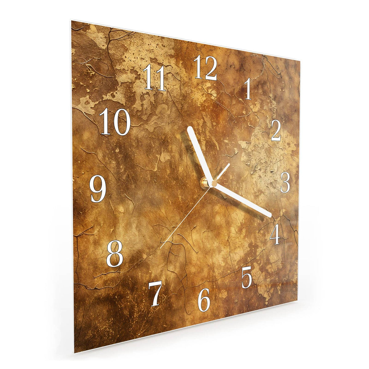 Quadratische Wanduhr aus Glas Risse in Ockerbraun schräg von der Seite, 4 mm starkes Glas
