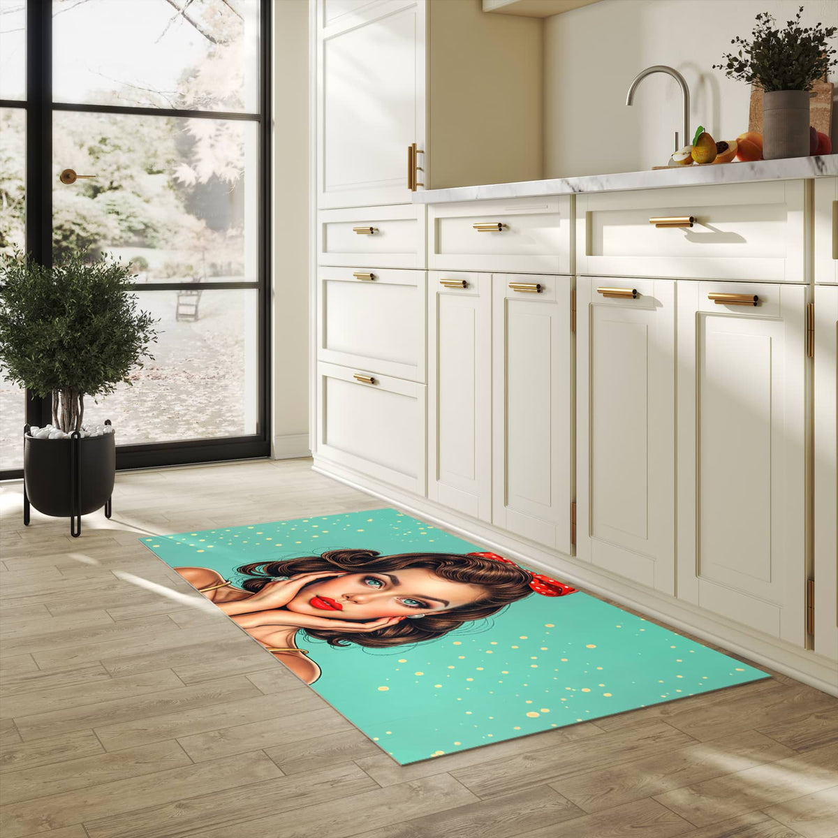 Hygienischer rutschfester Küchenteppich mit Motiv Retro Schönheit in heller Küche