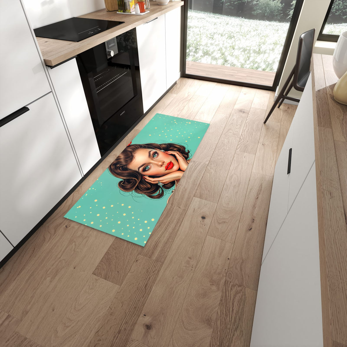 Schmutzabweisender Bodenläufer mit Motiv Retro Schönheit in moderner Küche #grösse_60 x 150 cm
