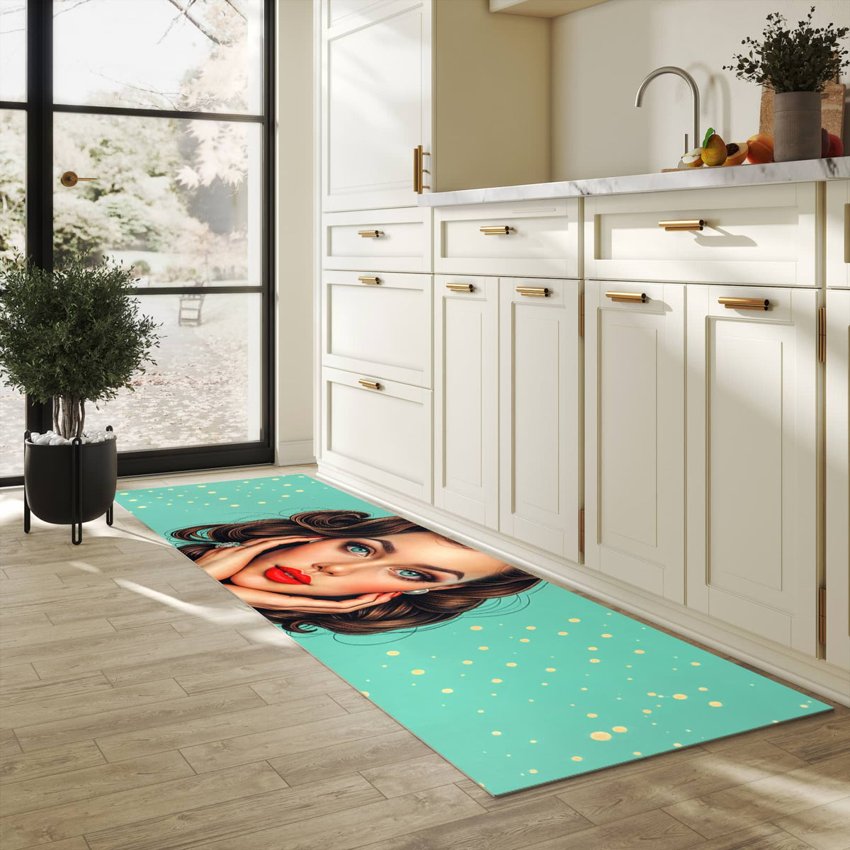 Waschbarer Teppich fürs Esszimmer mit Motiv Retro Schönheit in heller Küche