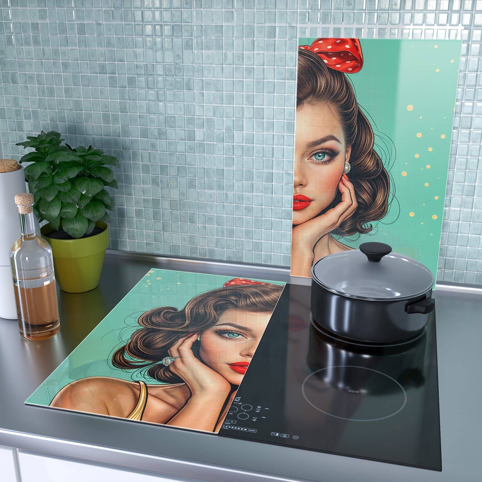 2-teilige Ceranfeld Abdeckungen mit Retro Schönheit-Motiv als Spritzschutz hinter dem Kochfeld