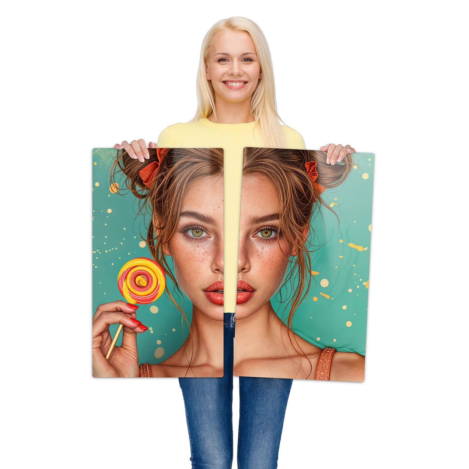 2-teilige Deckplatte aus Glas mit Frau Mit Lollipop-Motiv wird zur Größendarstellung gehalten