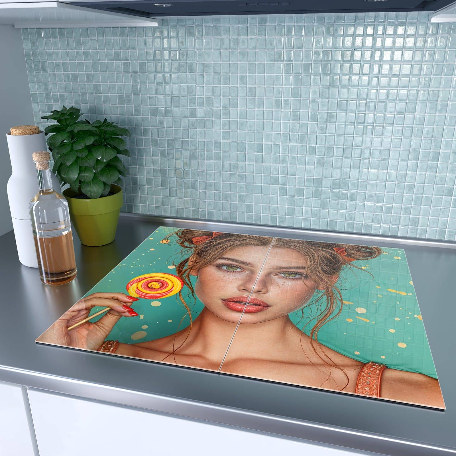 2-teilige Herdabdeckplatten mit Frau Mit Lollipop-Motiv auf dem Ceranfeld