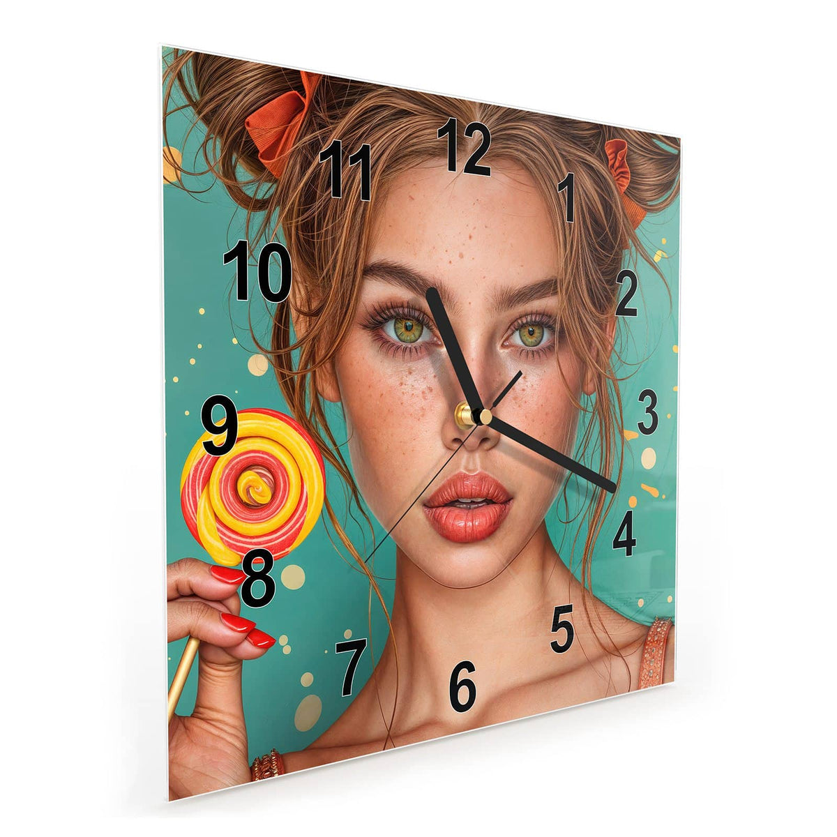 Quadratische Wanduhr aus Glas Frau mit Lutscher schräg von der Seite, 4 mm starkes Glas