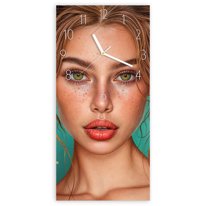 Wanduhr Frau Mit Lollipop aus Glas – Hochformat 30 × 60 cm mit Ziffernblatt Elegant
