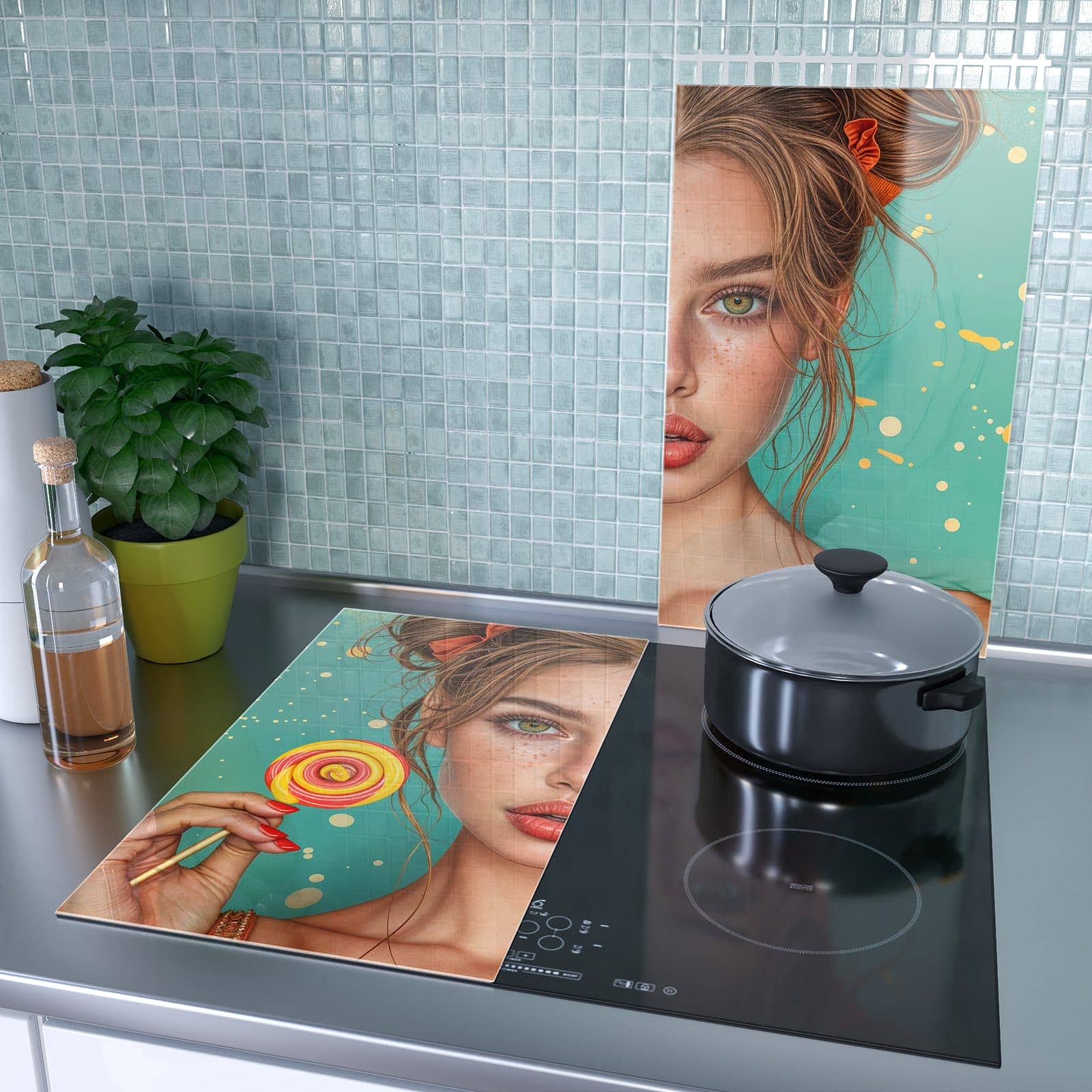 2-teilige Ceranfeldabdeckungen mit Frau Mit Lollipop-Motiv als Spritzschutz hinter dem Kochfeld