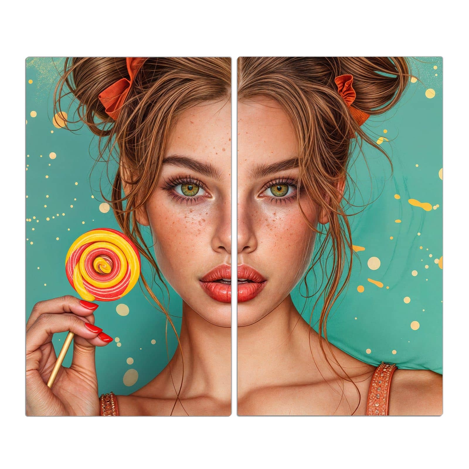 2-teilige Herdabdeckplatte aus Glas mit Frau Mit Lollipop-Motiv in der Frontansicht #grösse_2-Teilig (60x52cm)