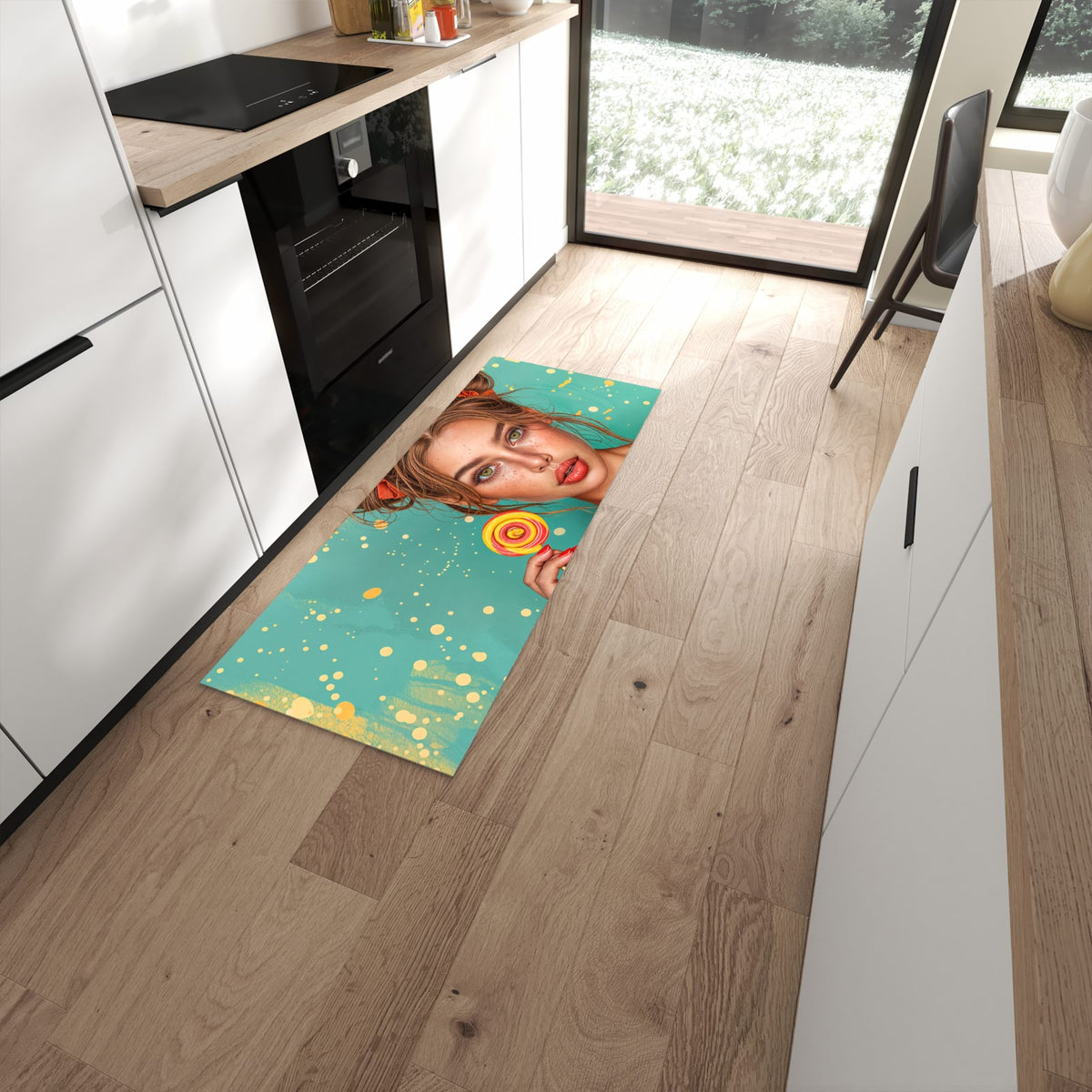 Bodenschonender Küchenteppich mit Motiv Frau Mit Lollipop in moderner Küche #grösse_60 x 150 cm