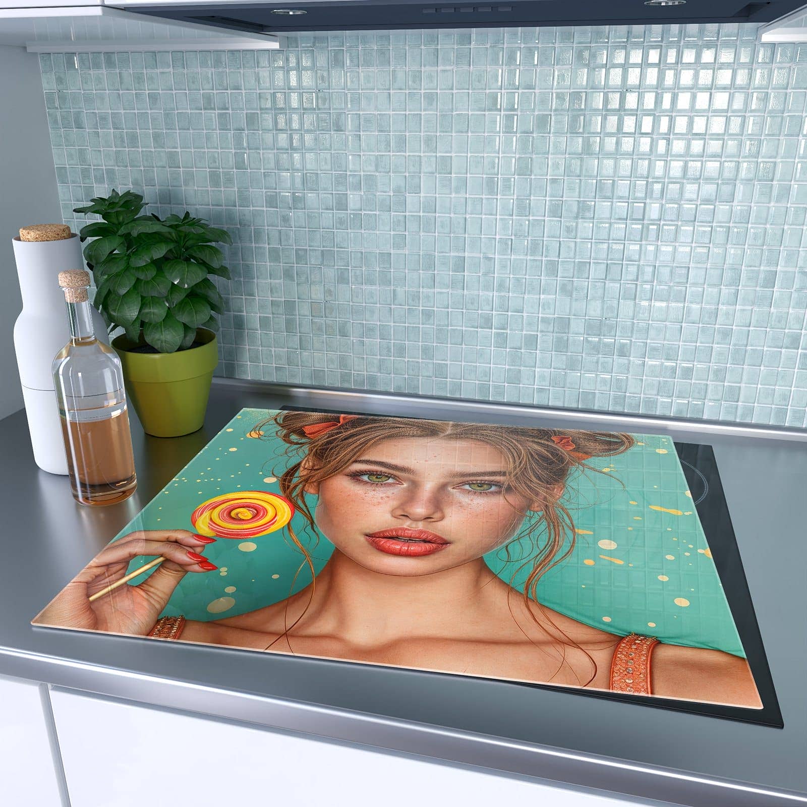 1-teilige Herdabdeckplatten mit Frau Mit Lollipop-Motiv auf dem Ceranfeld