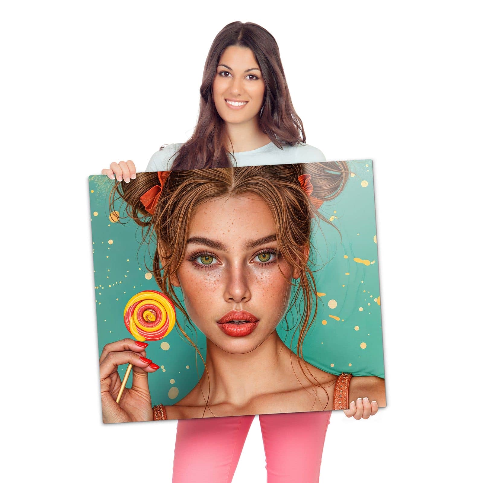 Herdabdeckung aus Holz mit Frau Mit Lollipop-Motiv wird zur Größendarstellung gehalten