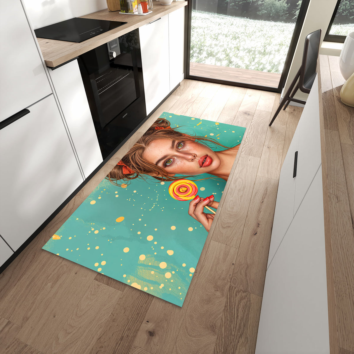 Küchenteppich mit Motiv Frau Mit Lollipop für Trittkomfort in moderner Küche, waschbar