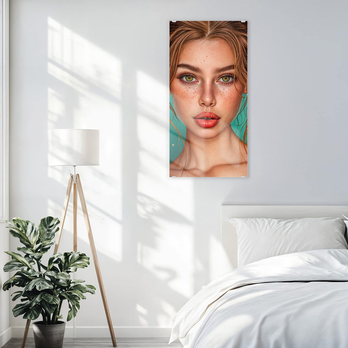 Glasbild Frau mit Lutscher an der Wand – Junge Frau mit Sommersprossen und Haarschleifen hält einen bunten Lutscher, türkiser Grund