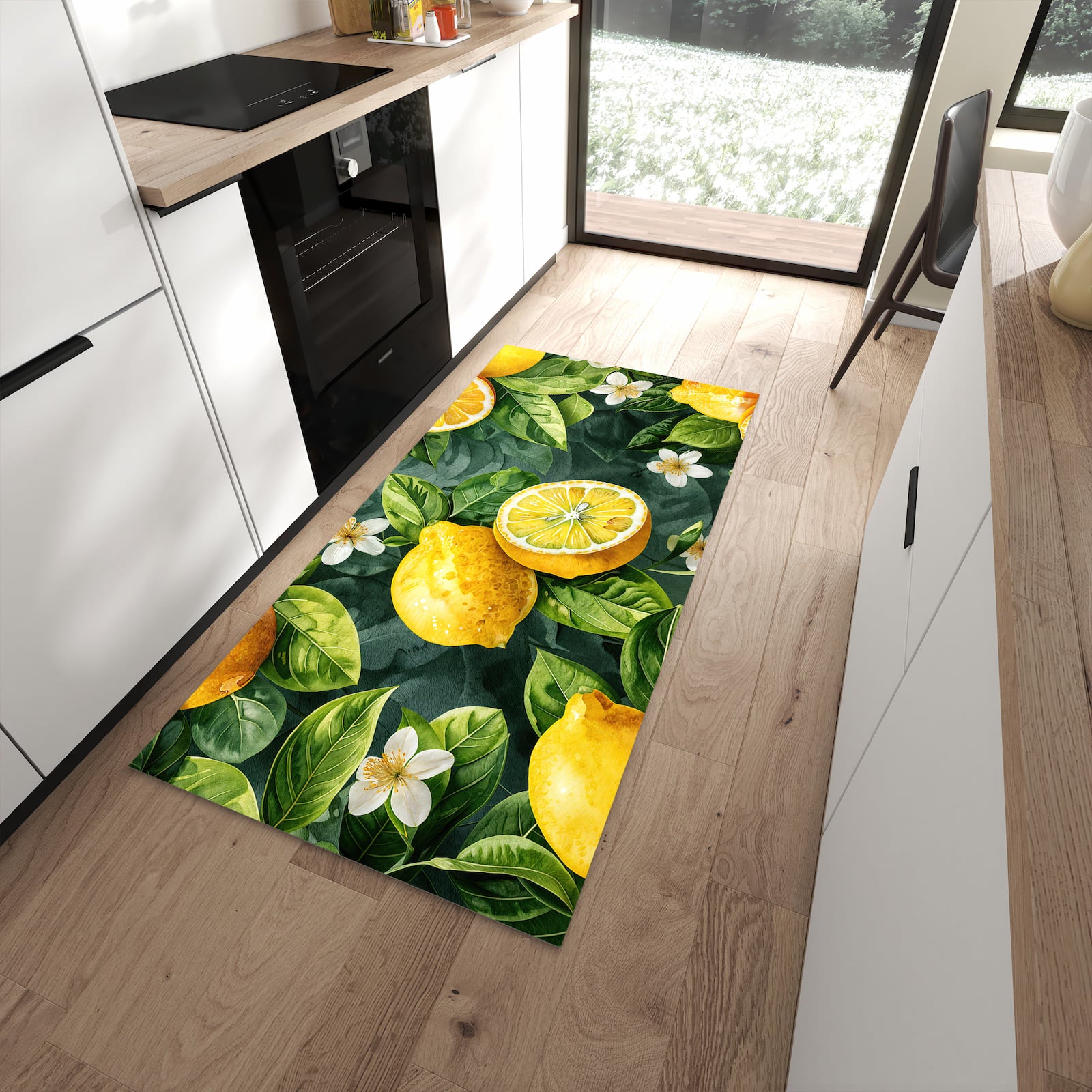 Sicherer Küchenläufer mit Motiv Zitronenmuster in moderner Küche