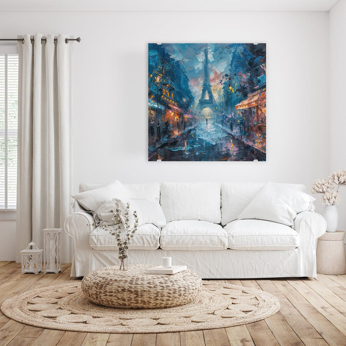 Glasbild Pariser Nacht an der Wand – Spachtelgemälde einer regennassen Straße mit Cafés, Laternen und Eiffelturm
