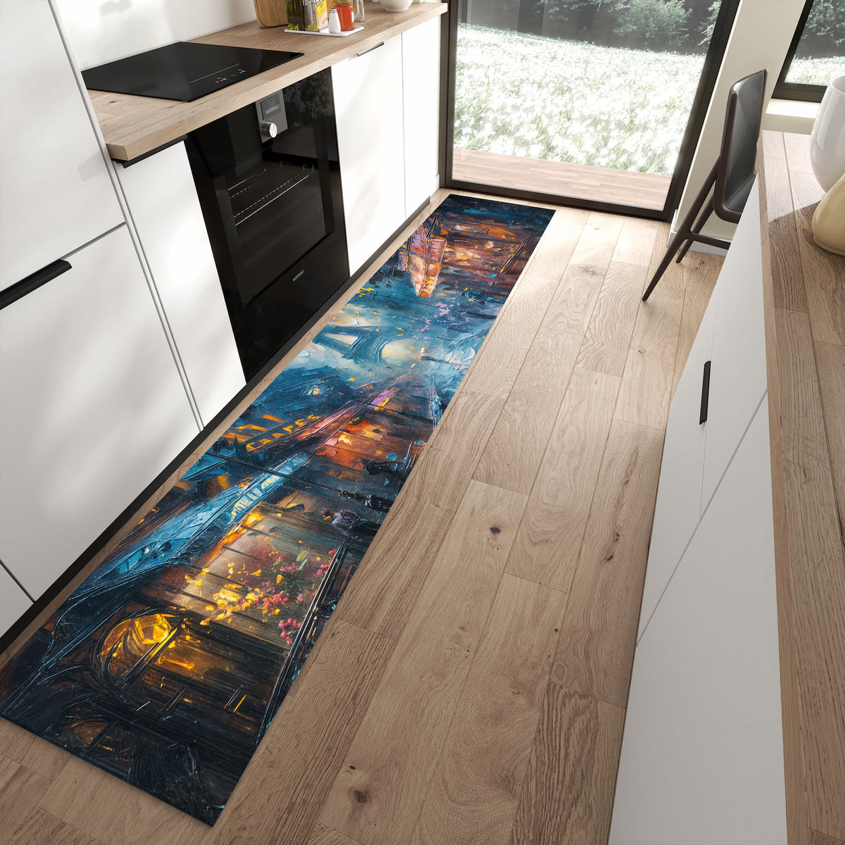 Rutschfester Küchenteppich mit Motiv Pariser Nacht in moderner Küche