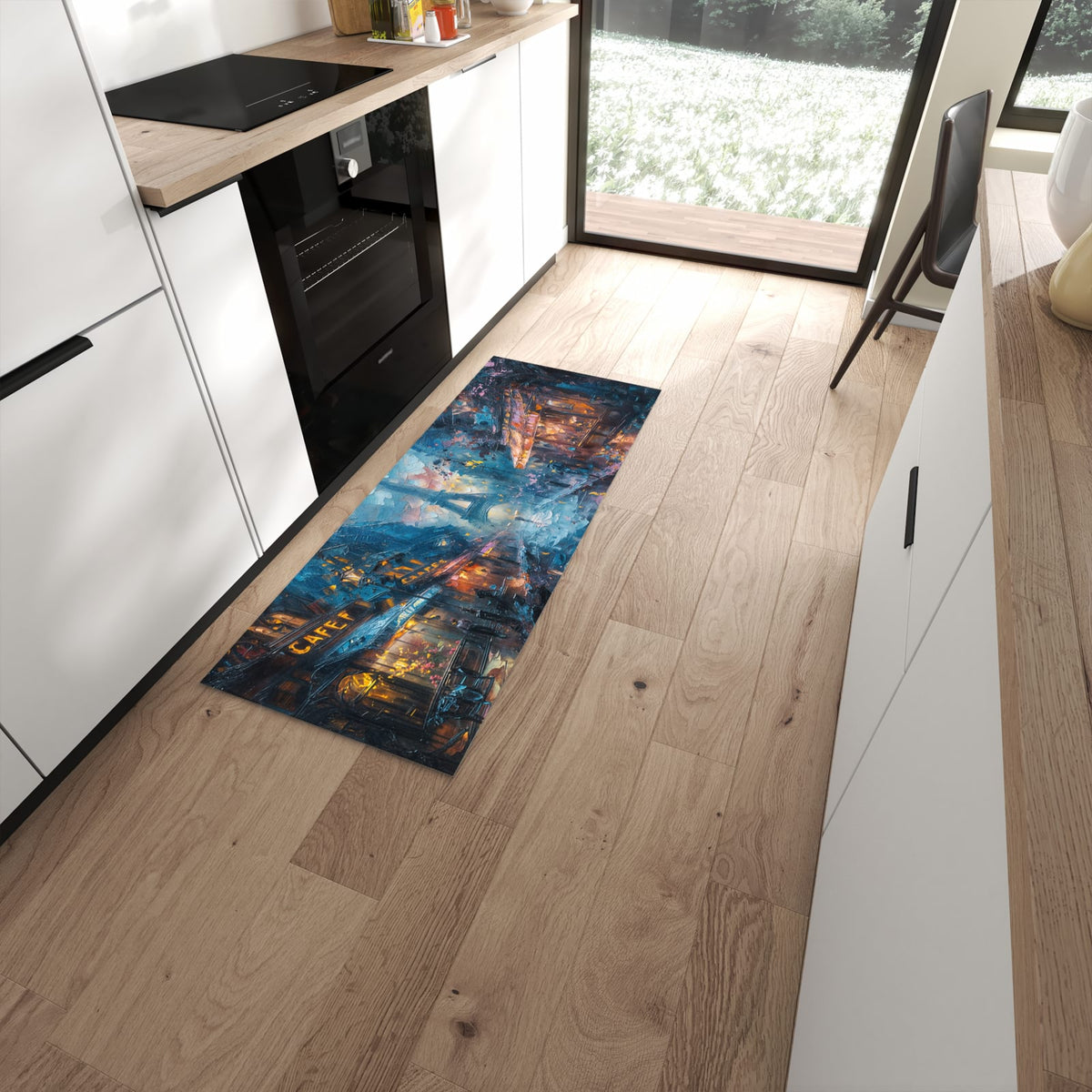 Langlebiger Küchenteppich mit Motiv Pariser Nacht in moderner Küche #grösse_60 x 150 cm