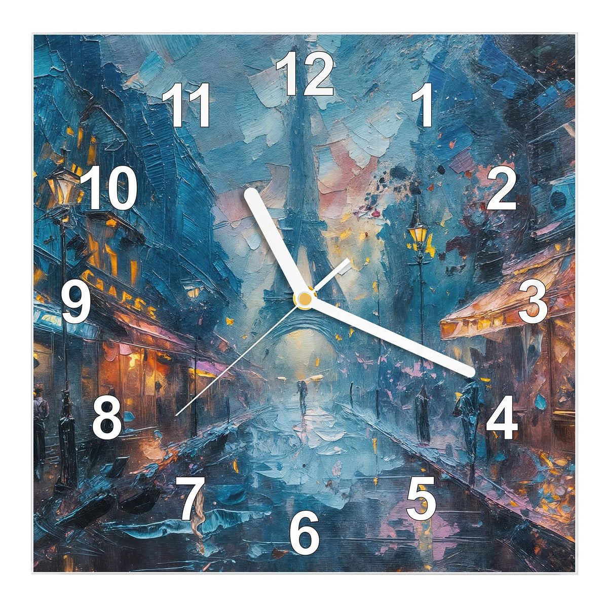 Wanduhr aus Glas, Ziffernblatt Modern mit Motiv Pariser Nacht: Spachtelgemälde einer regennassen Straße mit Cafés, Laternen und Eiffelturm #ziffernblatt_Modern