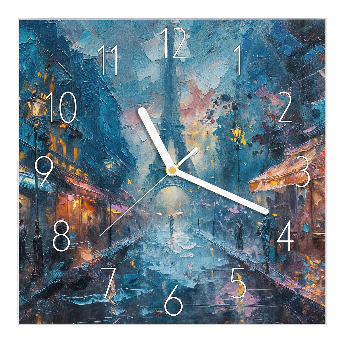 Wanduhr aus Glas, Ziffernblatt Elegant mit Motiv Pariser Nacht: Spachtelgemälde einer regennassen Straße mit Cafés, Laternen und Eiffelturm #ziffernblatt_Elegant