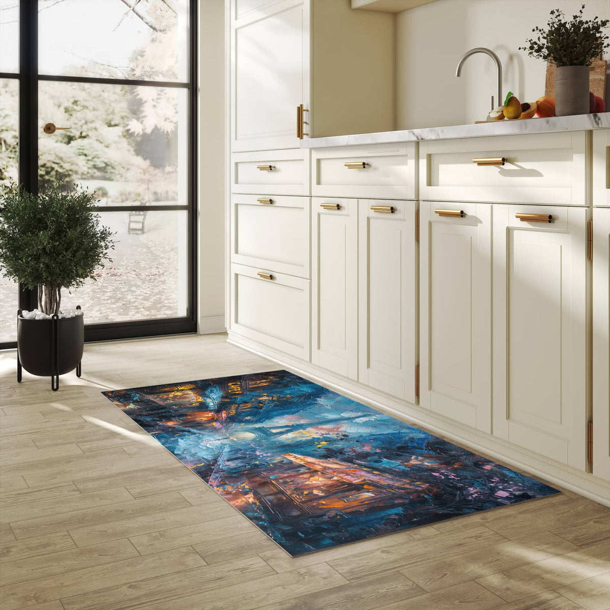 Waschbarer Küchenteppich mit Motiv Pariser Nacht in heller Küche