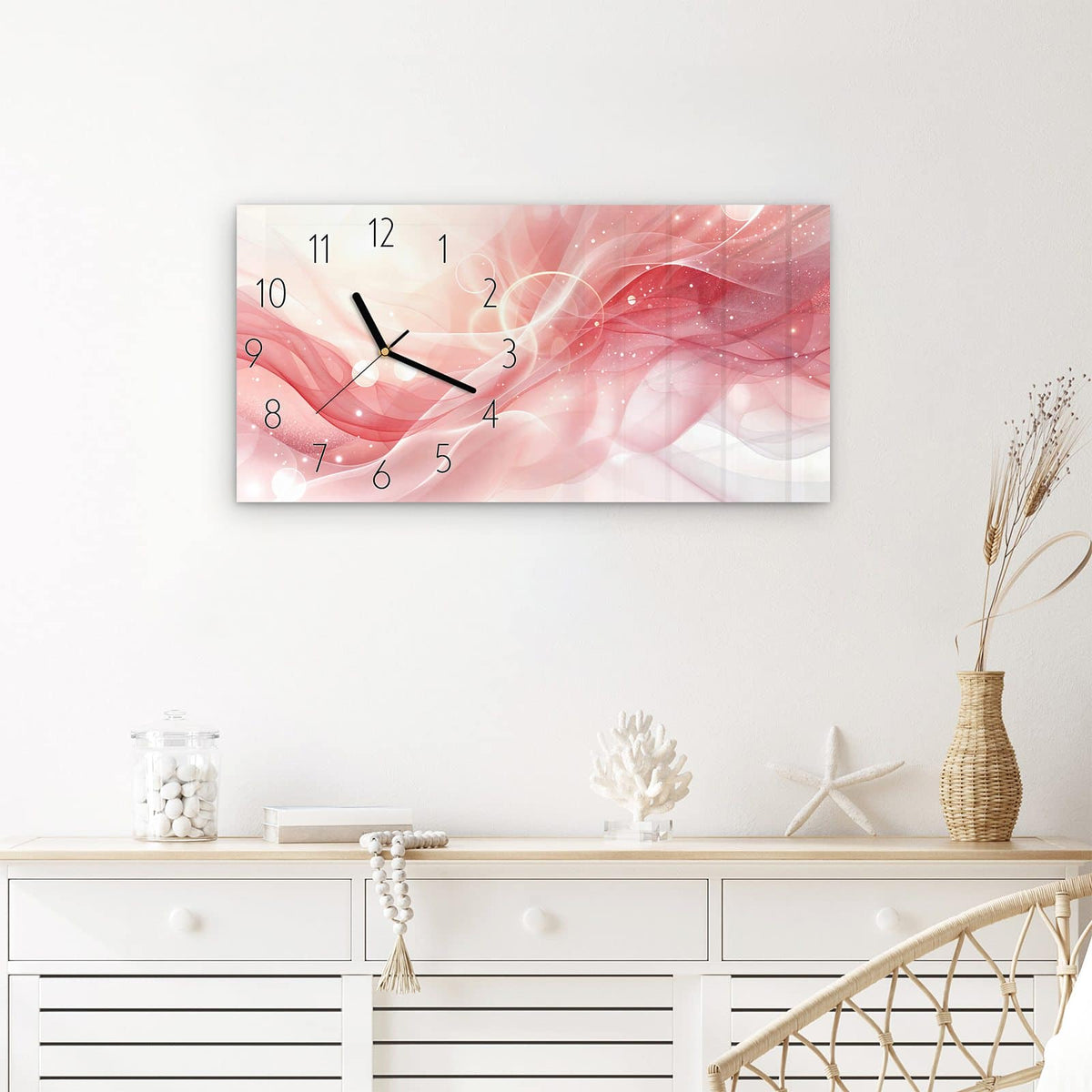 Wanduhr Rosa Seidenwellen aus Glas – Querformat 60 × 30 cm – Rosa Wellen wie Seide