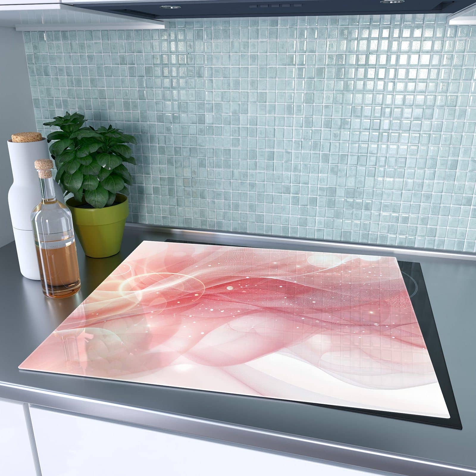 1-teilige Abdeckplatte für Ceranfeld mit Rosa Seidenwellen-Motiv auf dem Ceranfeld
