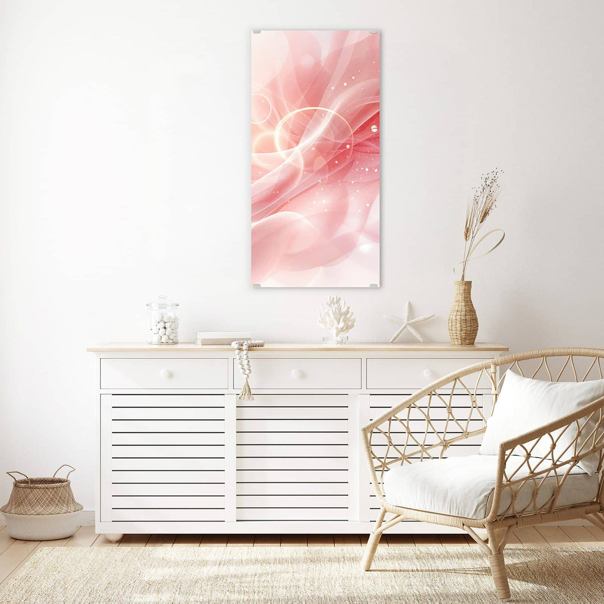 Glasbild Rosa Seidenwellen an der Wand – Zartrosa, durchscheinende Wellenbänder mit hellen Punkten und Lichtkreisen