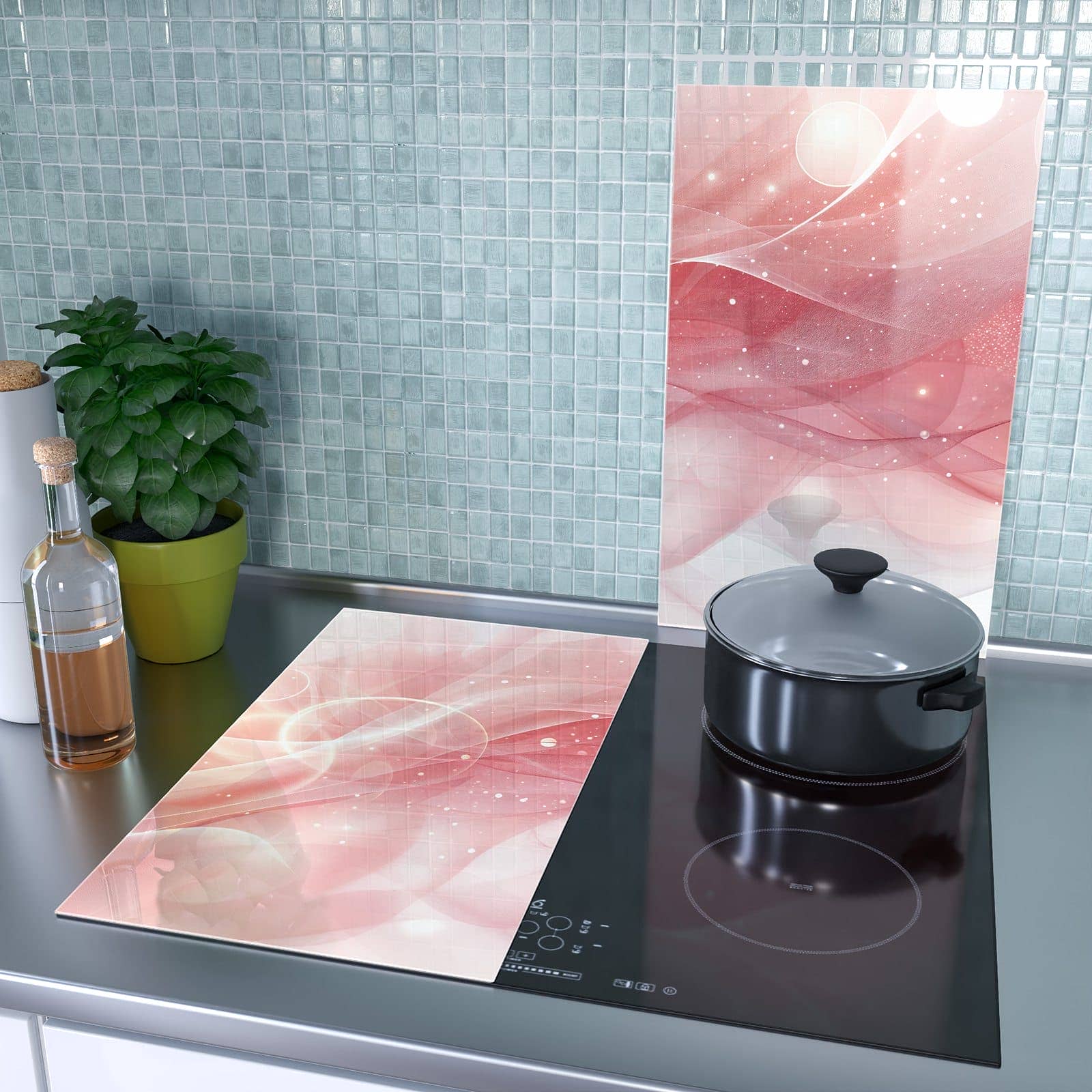 2-teilige Herdabdeckplatte mit Rosa Seidenwellen-Motiv als Spritzschutz hinter dem Kochfeld