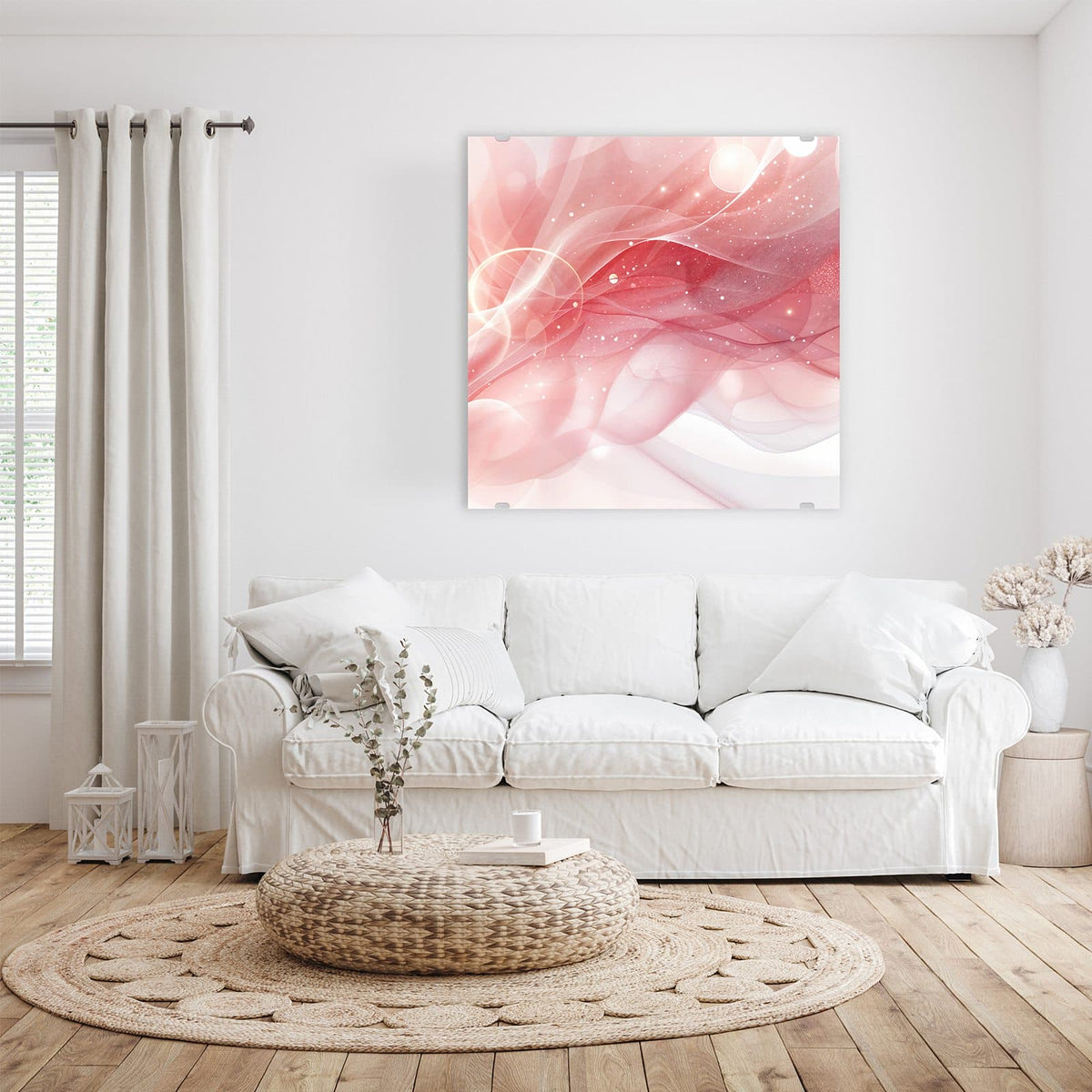 Glasbild Rosa Seidenwellen an der Wand – Zartrosa, durchscheinende Wellenbänder mit hellen Punkten und Lichtkreisen