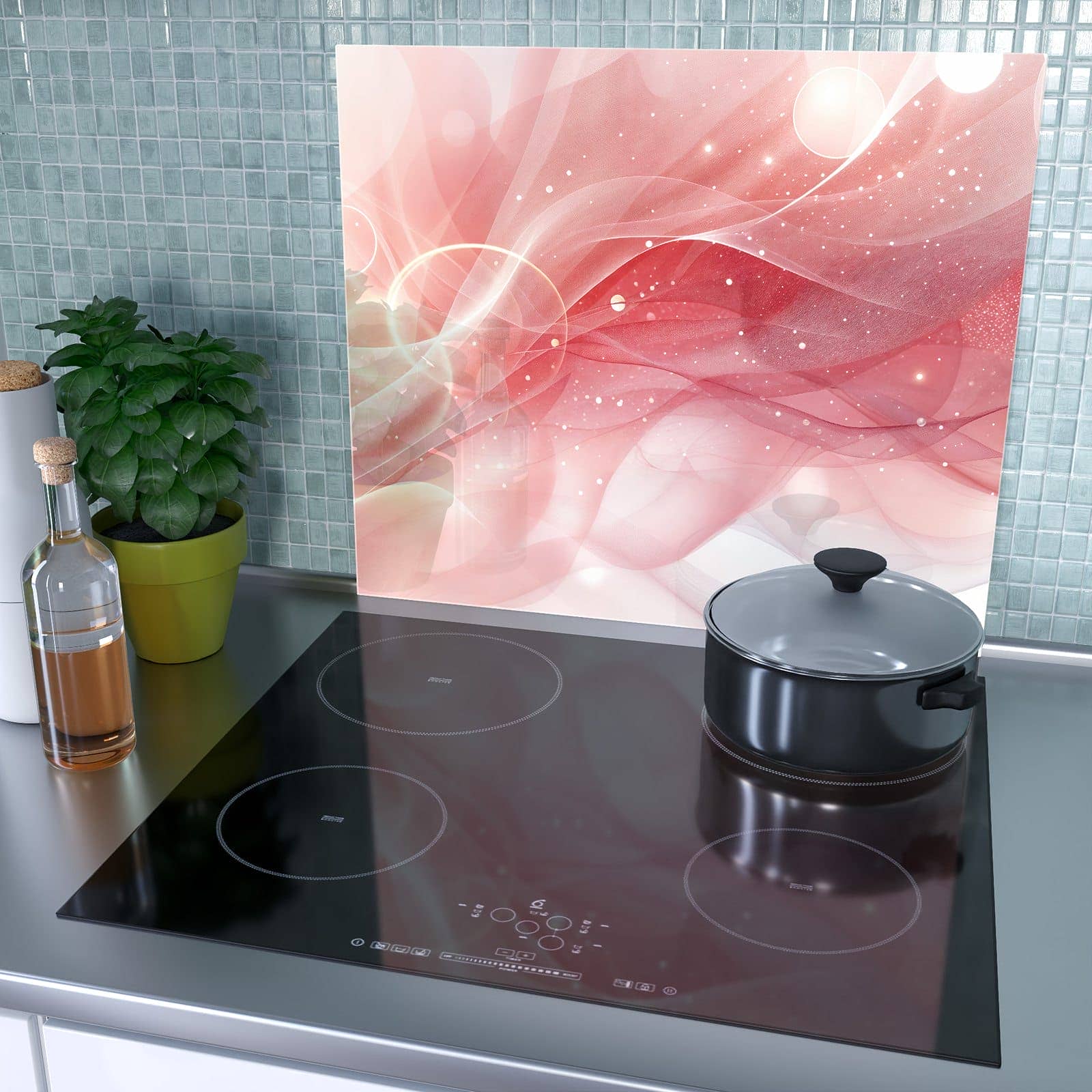 1-teilige Kochfeldabdeckung mit Rosa Seidenwellen-Motiv als Spritzschutz hinter dem Kochfeld