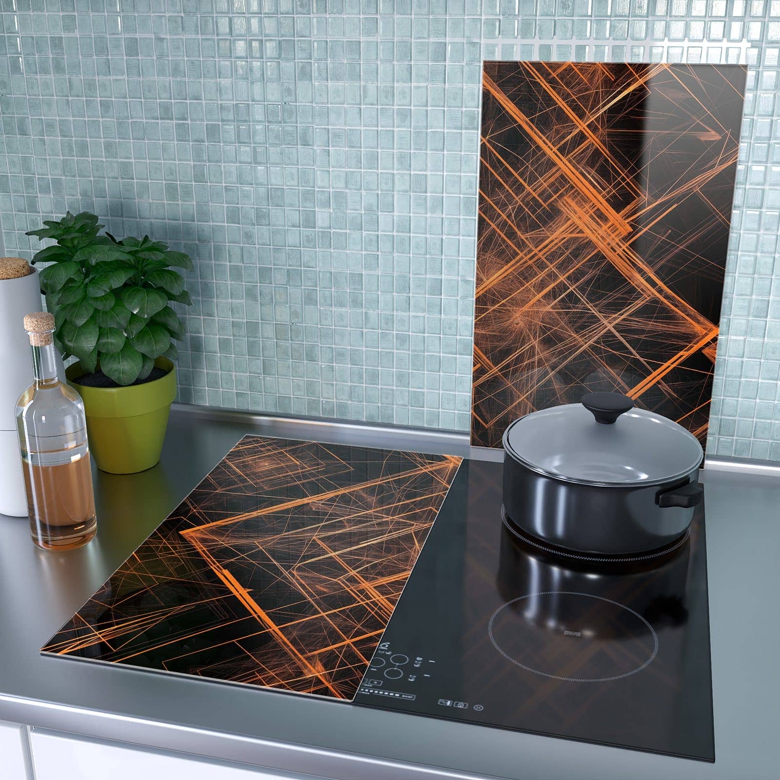 2-teilige Herdabdeckung für Induktionsfeld mit Geometrisches Muster Design-Motiv als Spritzschutz hinter dem Kochfeld