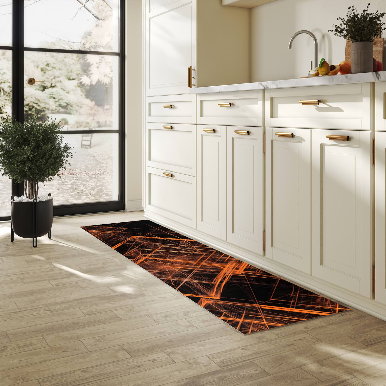 Feuchtigkeitsresistenter Küchenteppich mit Motiv Muster des Geometrisches in heller Küche
