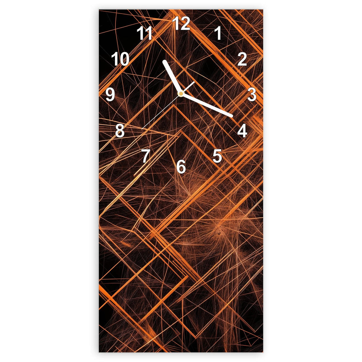 Wanduhr aus Glas, Ziffernblatt Modern mit Motiv Orange Lichtlinien: Leuchtende orange Linien und Gitter auf schwarzem Grund