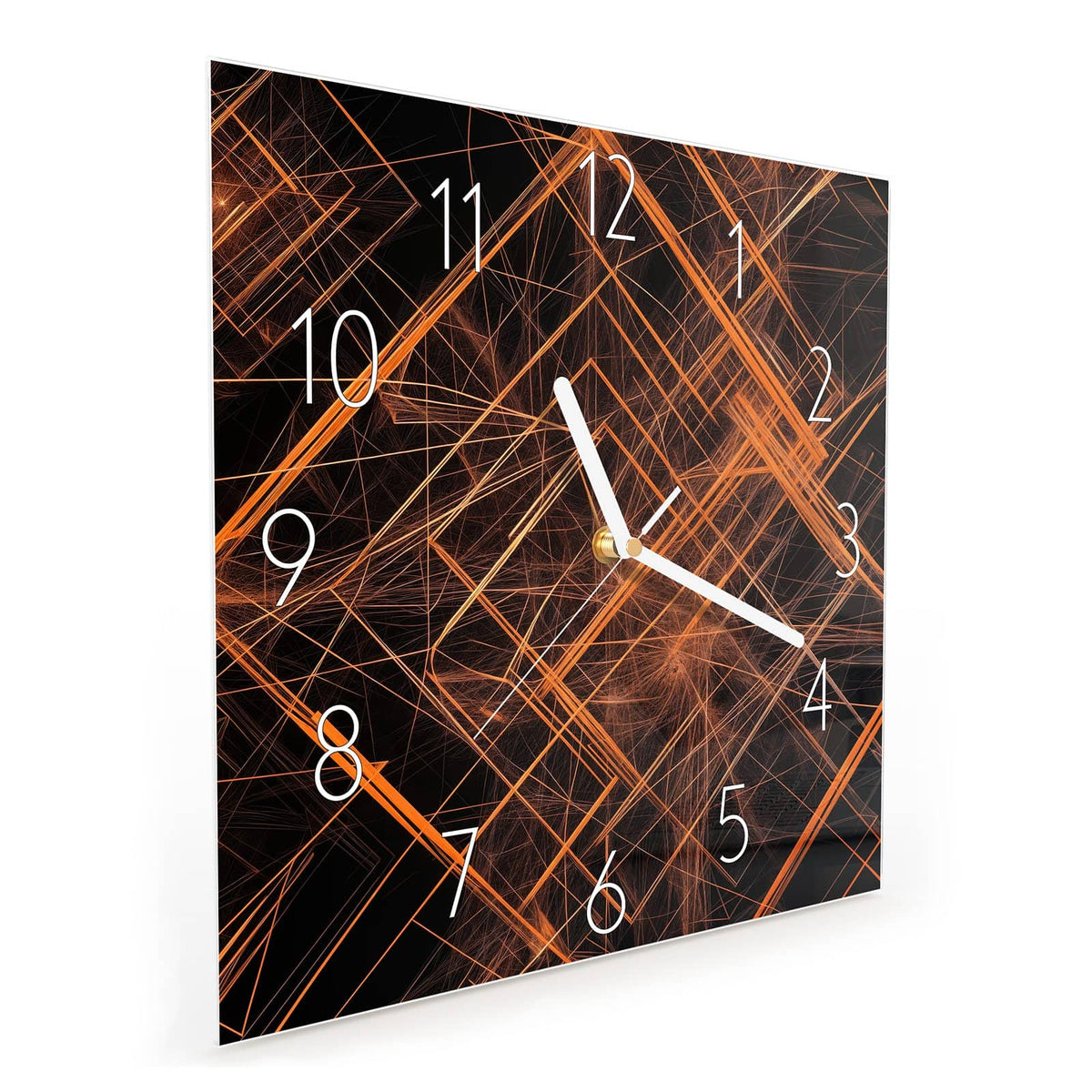 Quadratische Wanduhr aus Glas Orange Lichtlinien schräg von der Seite, 4 mm starkes Glas