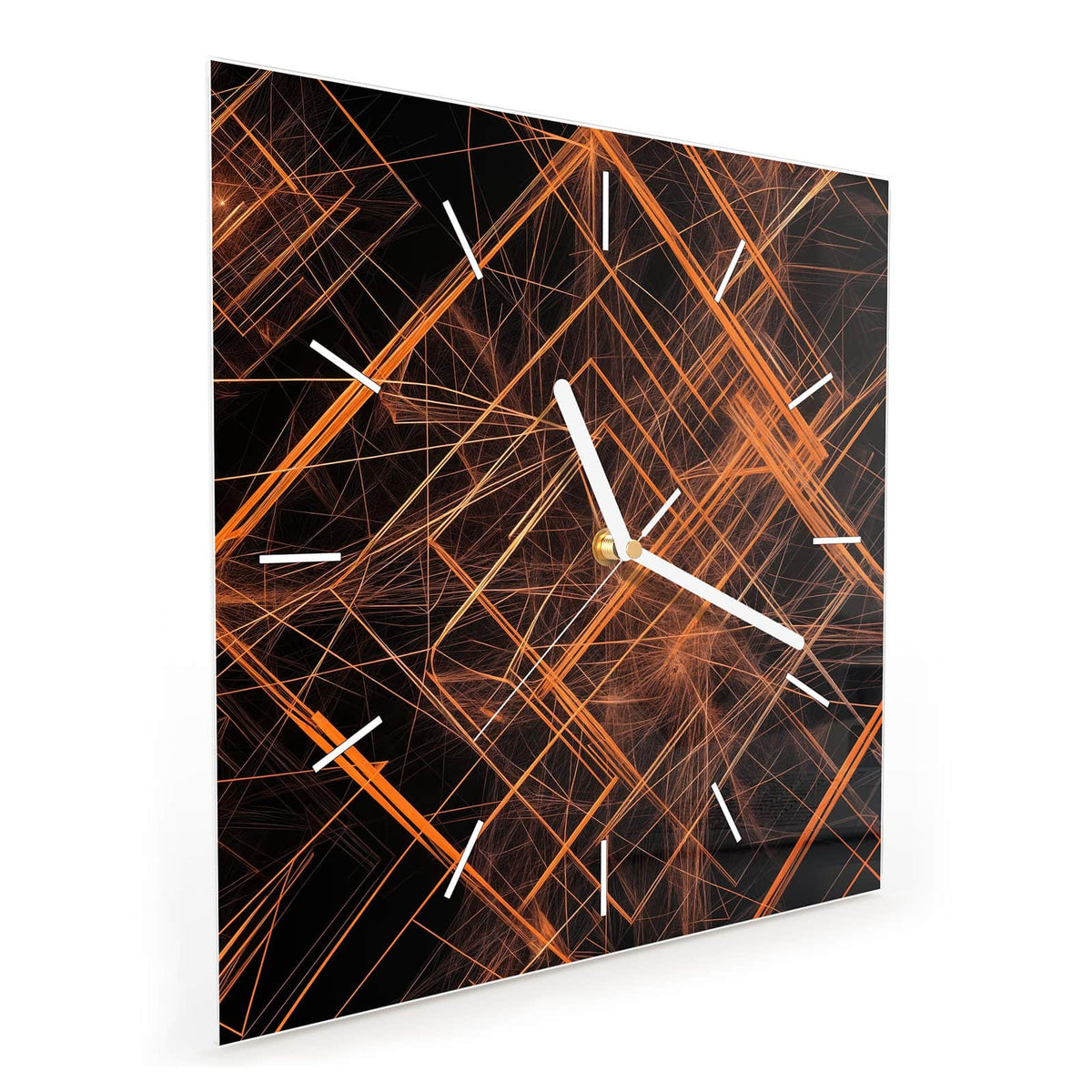 Quadratische Wanduhr aus Glas Orange Lichtlinien schräg von der Seite, 4 mm starkes Glas