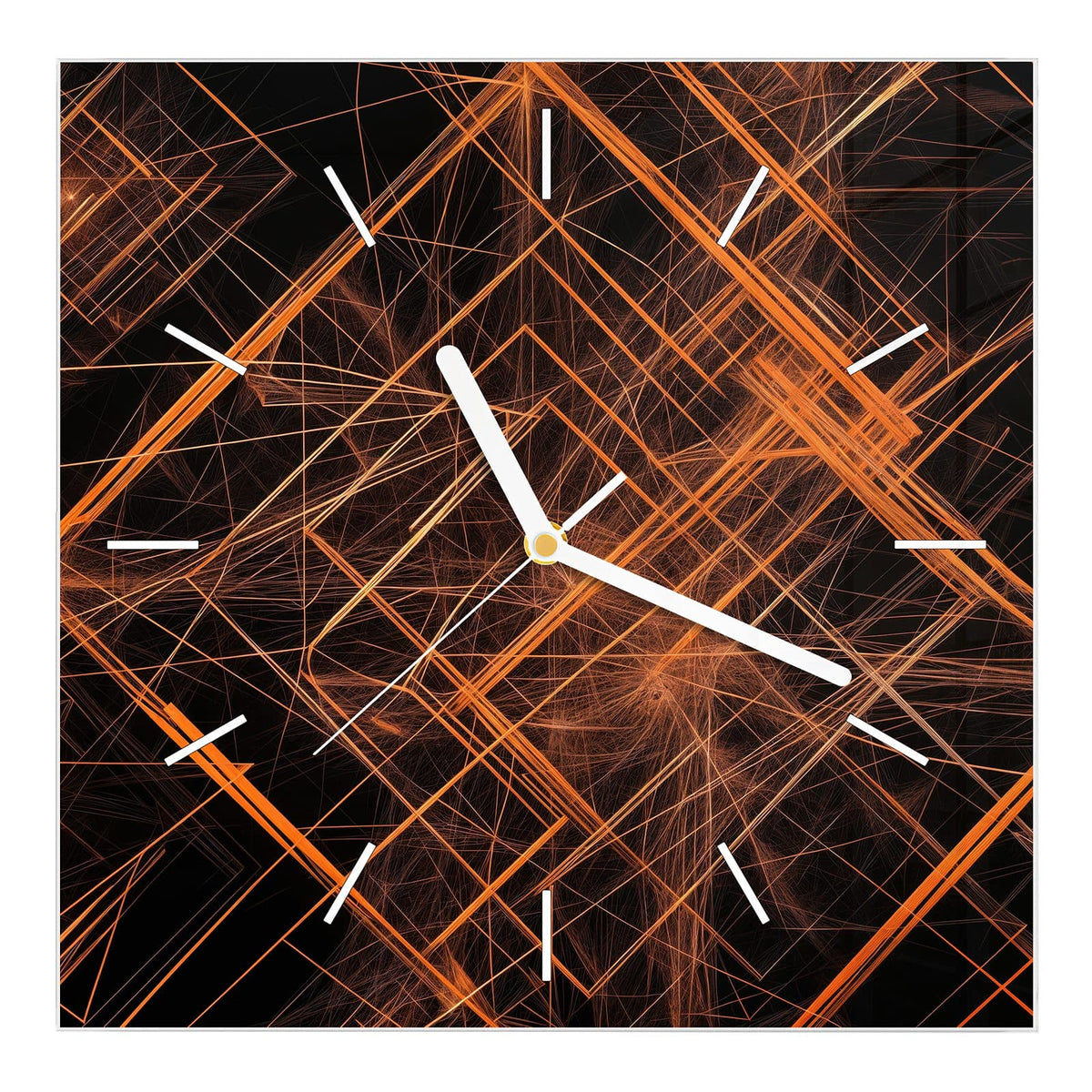 Wanduhr aus Glas, Ziffernblatt Linie mit Motiv Orange Lichtlinien: Leuchtende orange Linien und Gitter auf schwarzem Grund