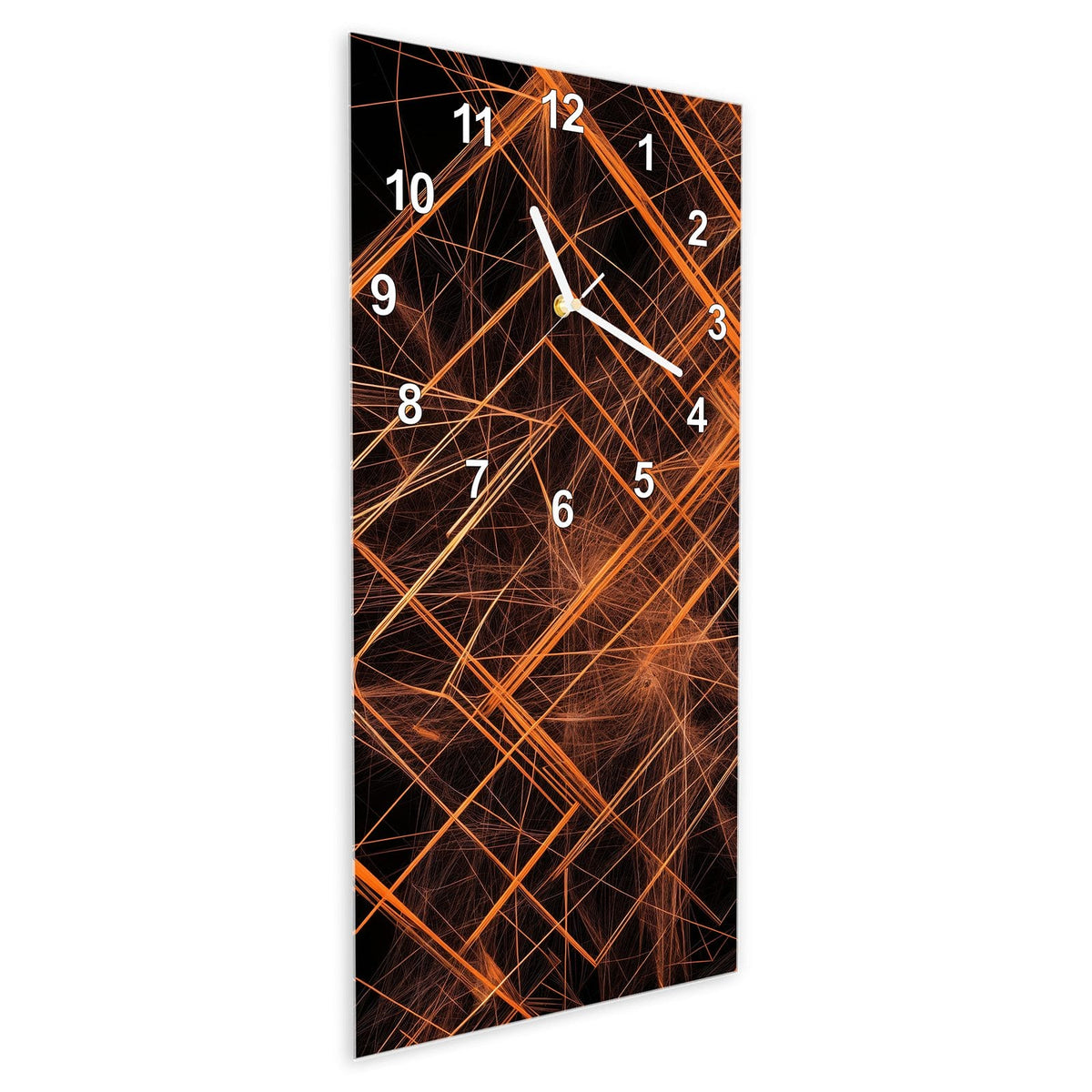 Wanduhr aus Glas im Hochformat Orange Lichtlinien schräg von der Seite, 4 mm starkes Glas