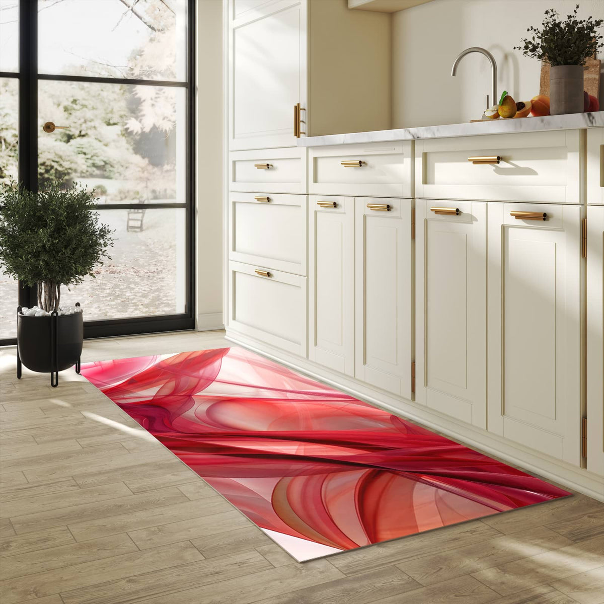 Küchenteppich Rote Schleier 90 × 240 cm in einer hellen Küche am Fenster