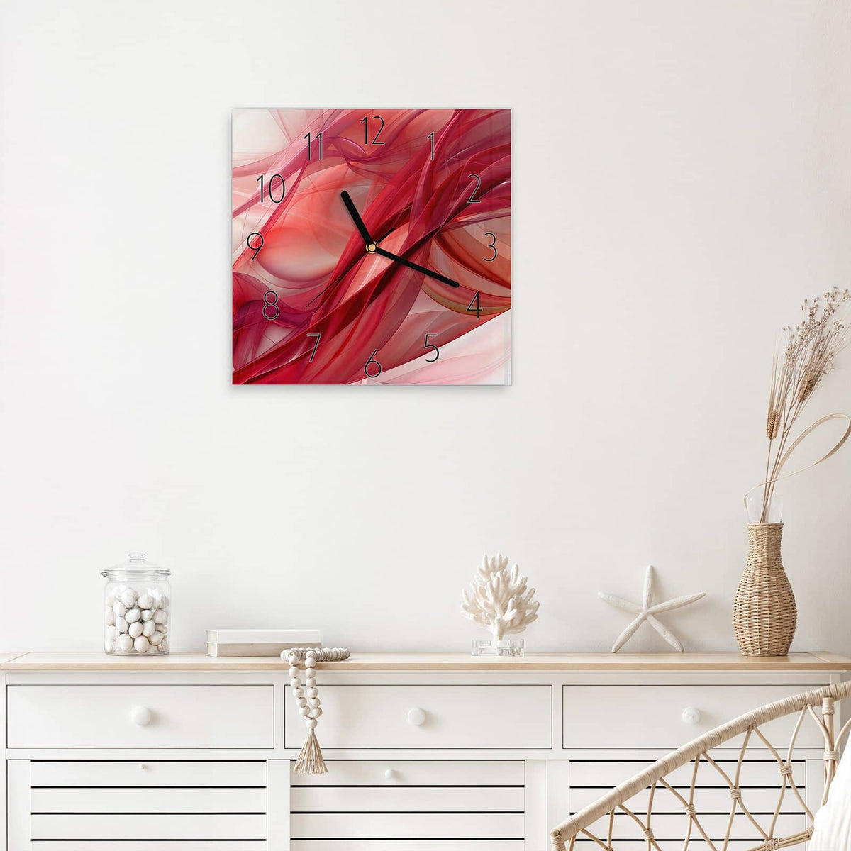 Wanduhr Rote Schleier aus Glas – Quadratisch 30 × 30 cm – Rote Schleier wie Seidenstoff