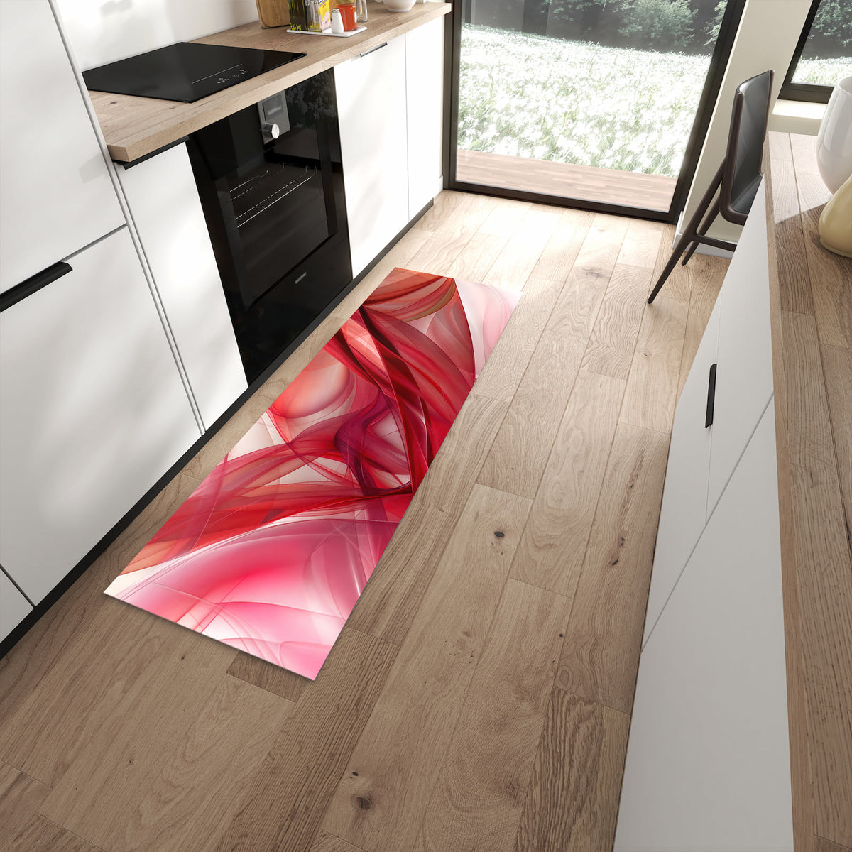 Küchenteppich Rote Schleier 60 × 180 cm vor der Küchenzeile auf hellem Holzboden