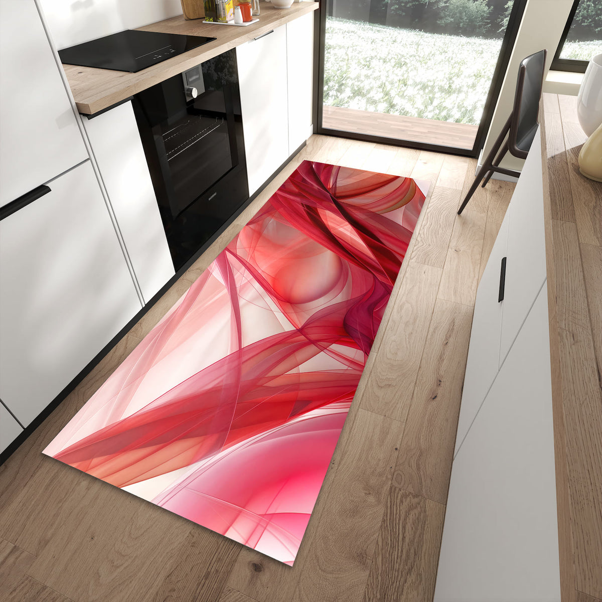 Küchenteppich Rote Schleier 90 × 240 cm vor der Küchenzeile auf hellem Holzboden