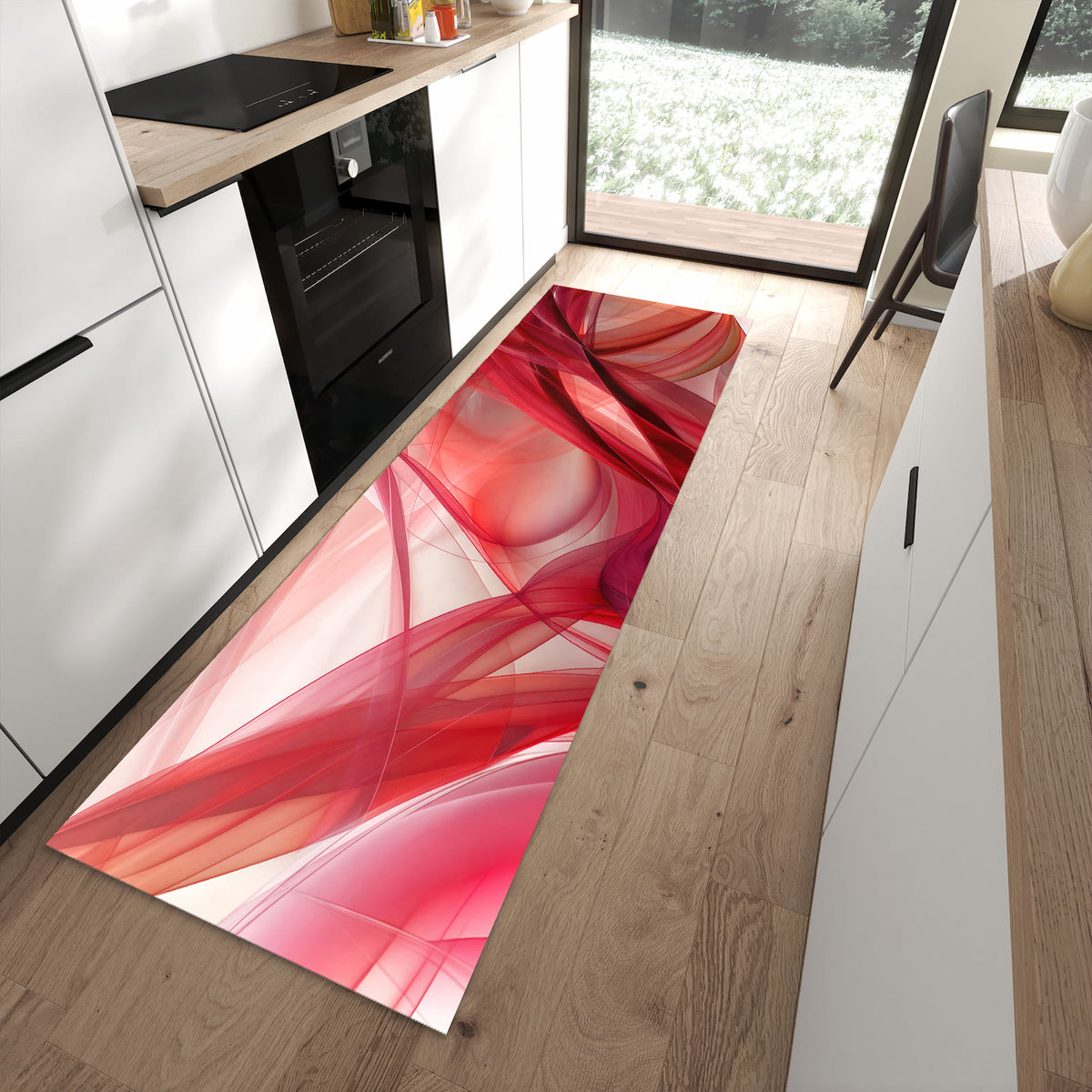 Küchenteppich Rote Schleier 80 × 250 cm vor der Küchenzeile auf hellem Holzboden