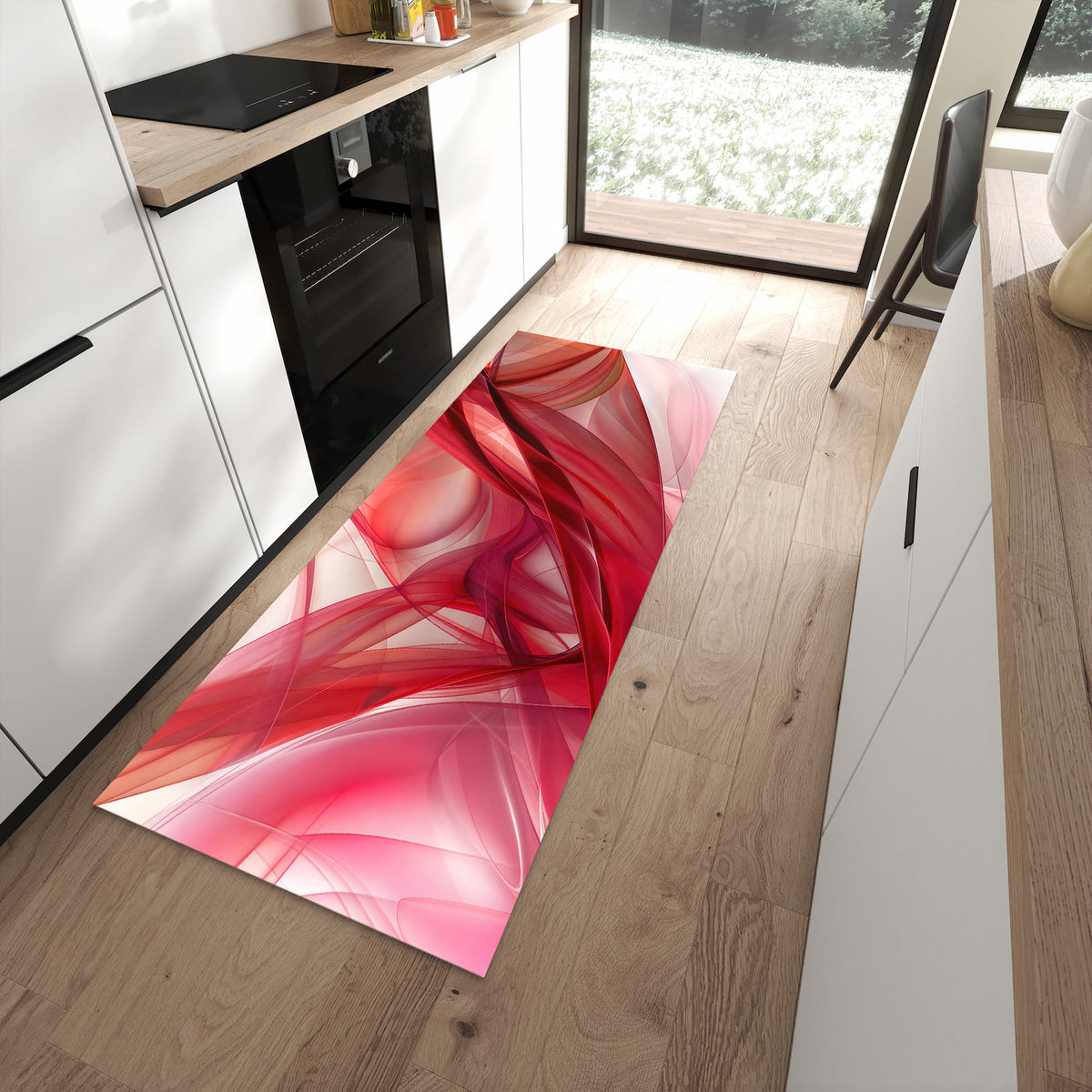 Küchenteppich Rote Schleier 80 × 200 cm vor der Küchenzeile auf hellem Holzboden