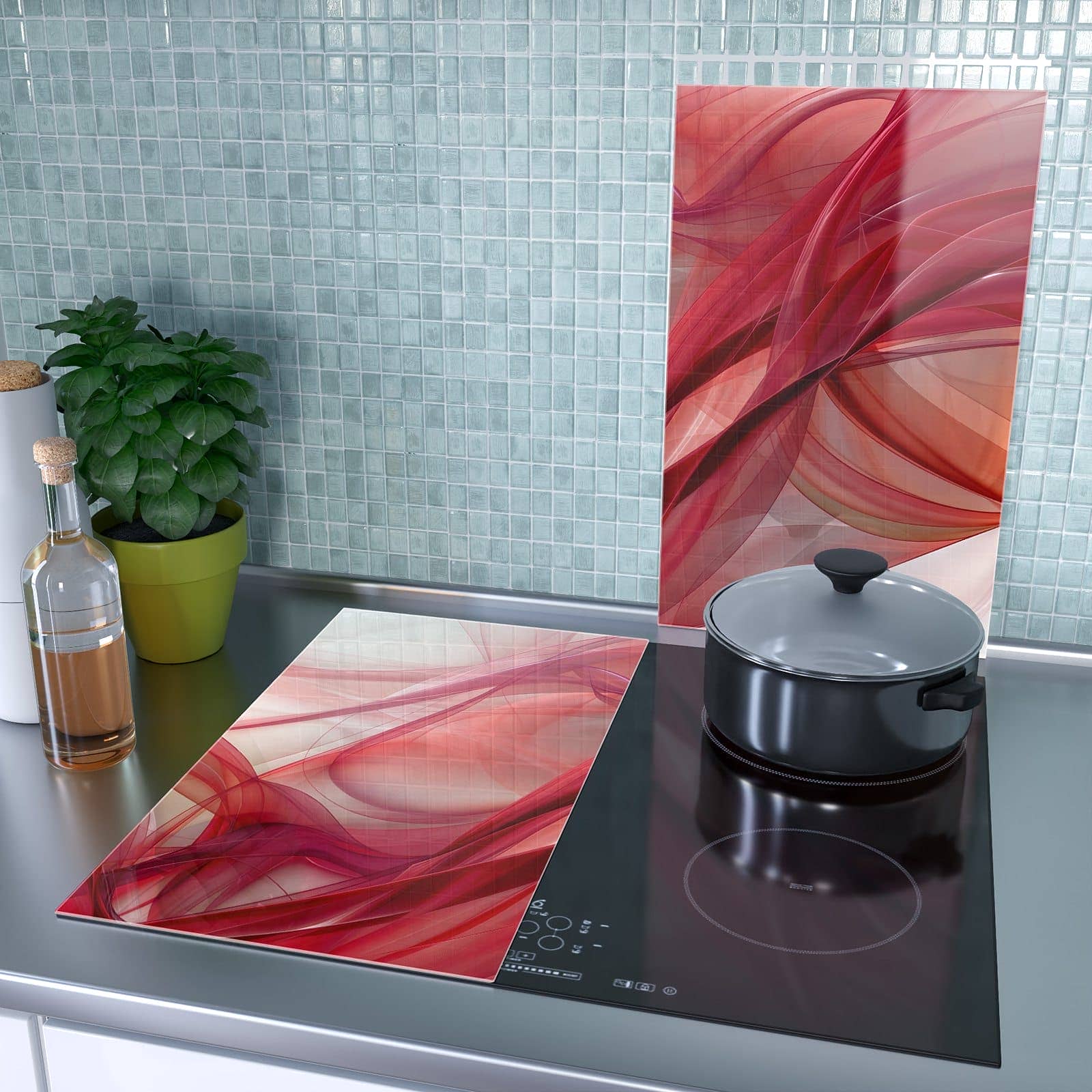 2-teilige Abdeckplatten Ceranfeld mit Abstrakte Schleier-Motiv als Spritzschutz hinter dem Kochfeld